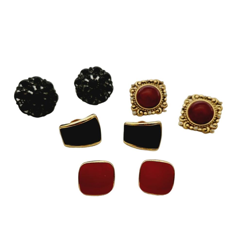 Four Pair Lot of Women's Vintage Enamel Crystal Clip On Earrings